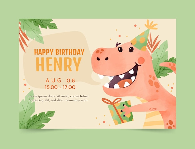 Vector hand painted watercolor dinosaur birthday invitation template