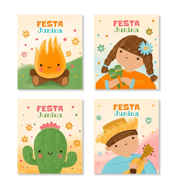 Hand painted watercolor festa junina cards collection