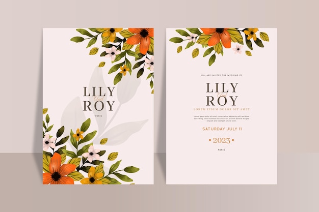 Vector hand painted watercolor floral wedding invitation template