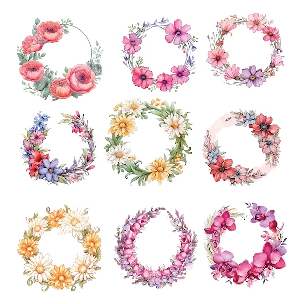 Vector hand painted watercolor floral wreath collection