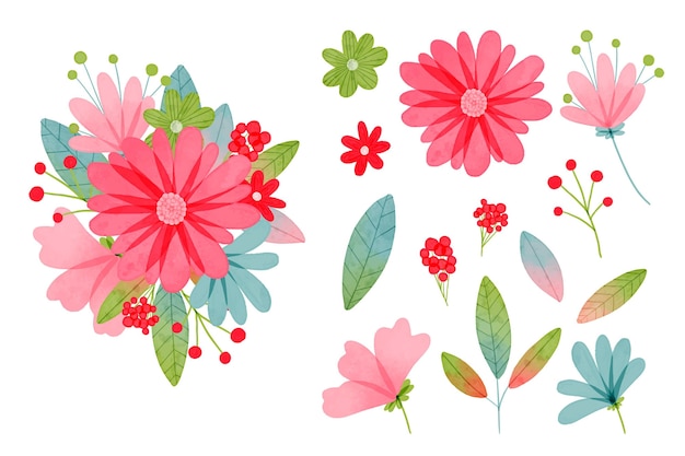 Vector hand painted watercolor flowers elements collection