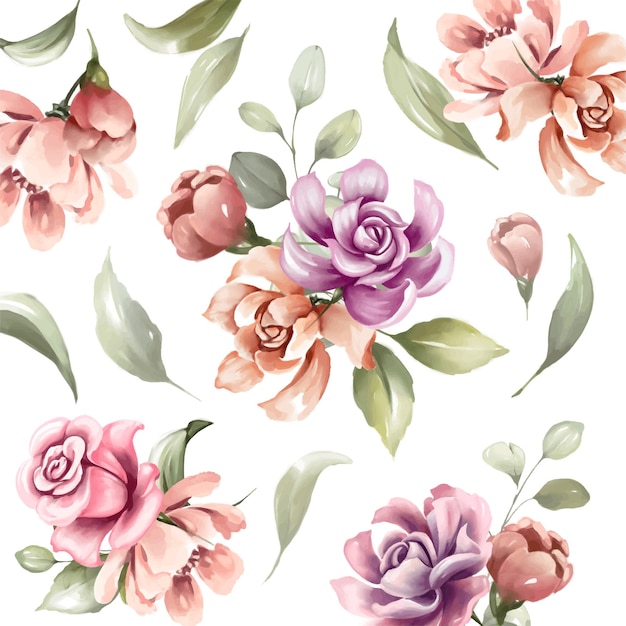 Vector hand painted watercolor flowers pattern