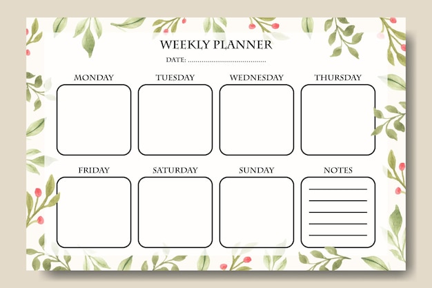 Vector hand painted watercolor green plant leaf weekly planner template printable