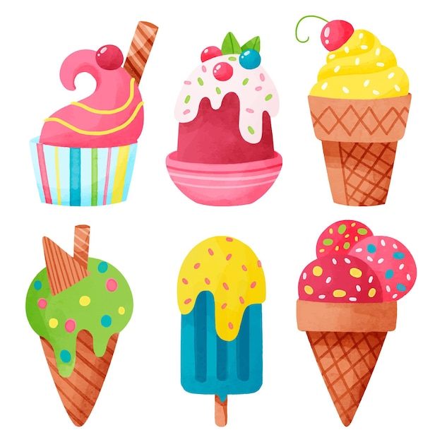 Vector hand painted watercolor ice cream set