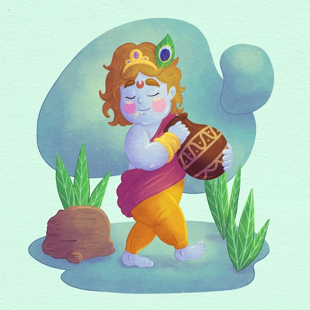 Vector hand painted watercolor illustration of baby krishna eating butter