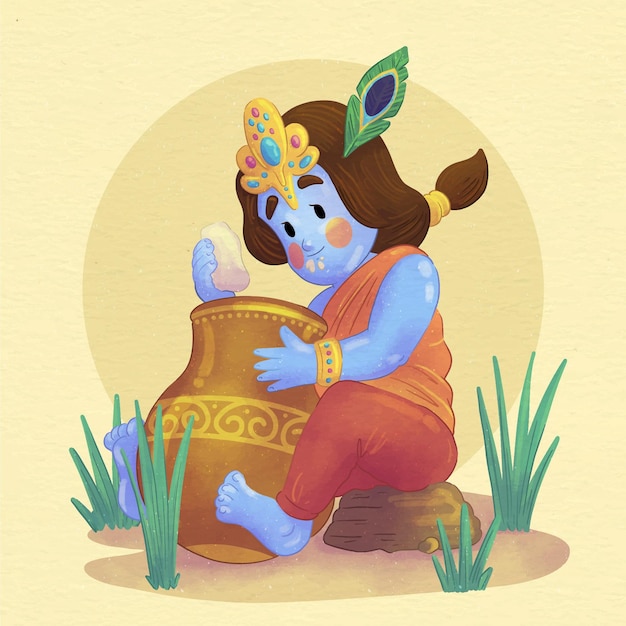 Vector hand painted watercolor illustration of baby krishna eating butter