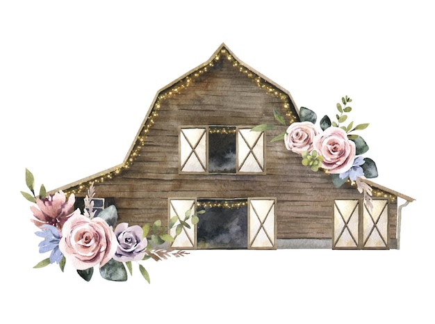 Dipinto a mano illustrazione dell'acquerello vacanza fiori fienile in legno rustico logo agriturismo matrimonio