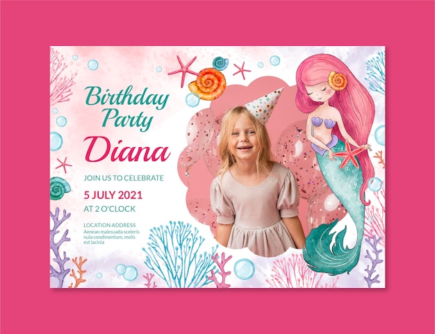 Modello dell'invito di compleanno della sirena dell'acquerello dipinto a mano con foto