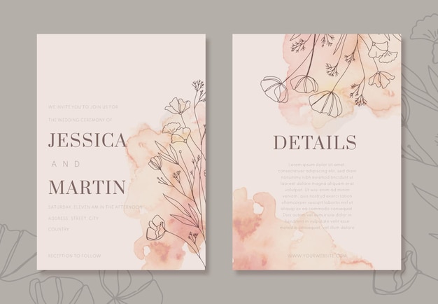 Hand painted watercolor minimal wedding invitation template