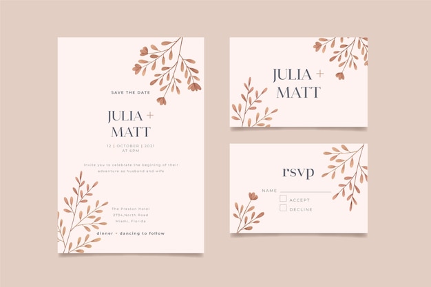 Hand painted watercolor minimalist wedding invitation template