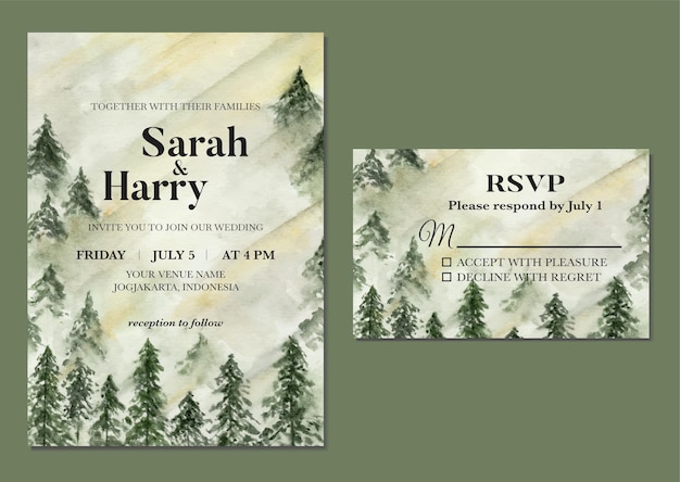 Hand painted of watercolor misty pine forest as wedding invitation template