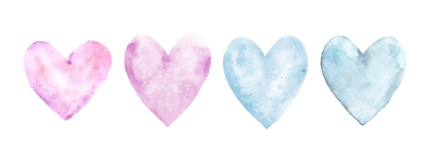 Набор акварельных розовых и голубых сердец, расписанных вручную. изолированные на белом фоне элементы формы сердца идеально подходят для открыток ко дню святого валентина или романтических открыток.