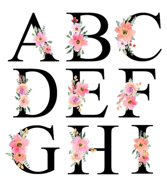 Hand Painted Watercolor Pink Orange Floral Alphabet Design