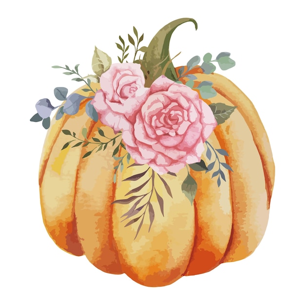 Hand Painted watercolor Pumpkins and Roses Arrangement, Thanksgiving Pastel Pumpkins