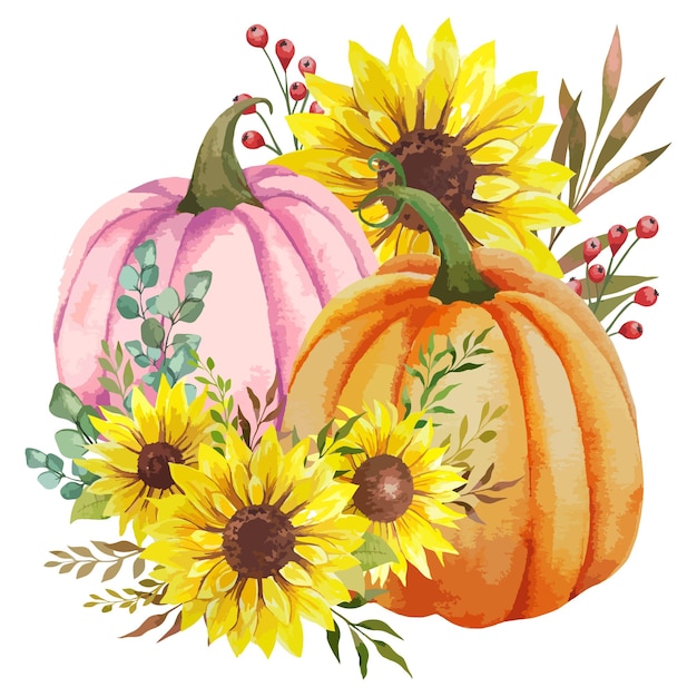 Vector hand painted watercolor pumpkins and sunflowers arrangement, thanksgiving pumpkins