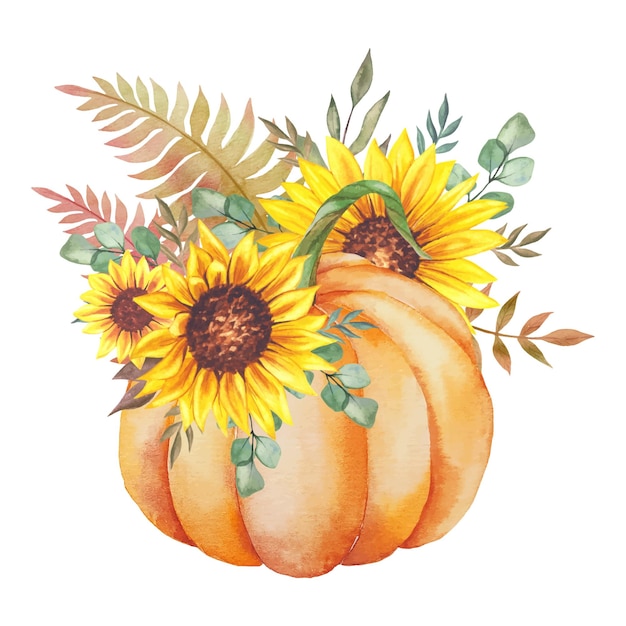 Hand Painted watercolor Pumpkins and Sunflowers Arrangement, Thanksgiving Pumpkins