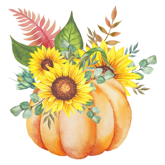 Hand Painted watercolor Pumpkins and Sunflowers Arrangement, Thanksgiving Pumpkins