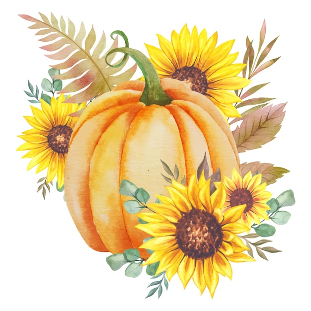 Hand Painted watercolor Pumpkins and Sunflowers Arrangement, Thanksgiving Pumpkins