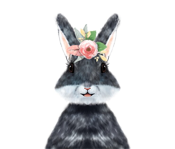 Vector hand painted watercolor  rabbit  with tropical flowers