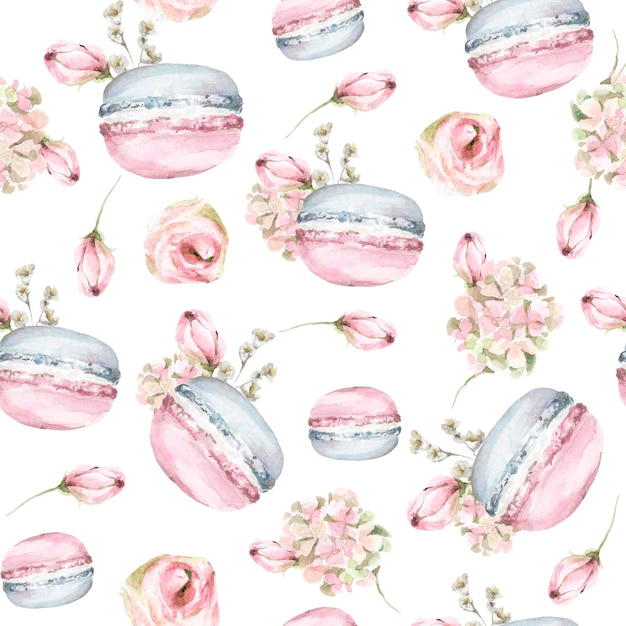マカロンとピンクの花のバラのつぼみと手描きの水彩画のシームレスなパターン