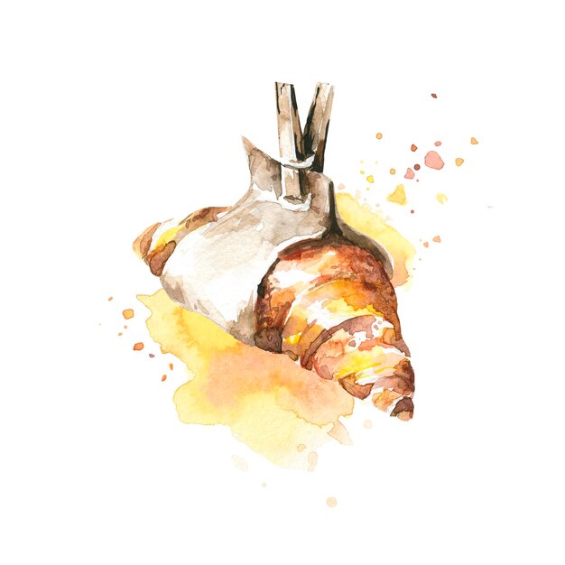 Hand painted watercolor set Croissant on the background of yellow watercolor stain