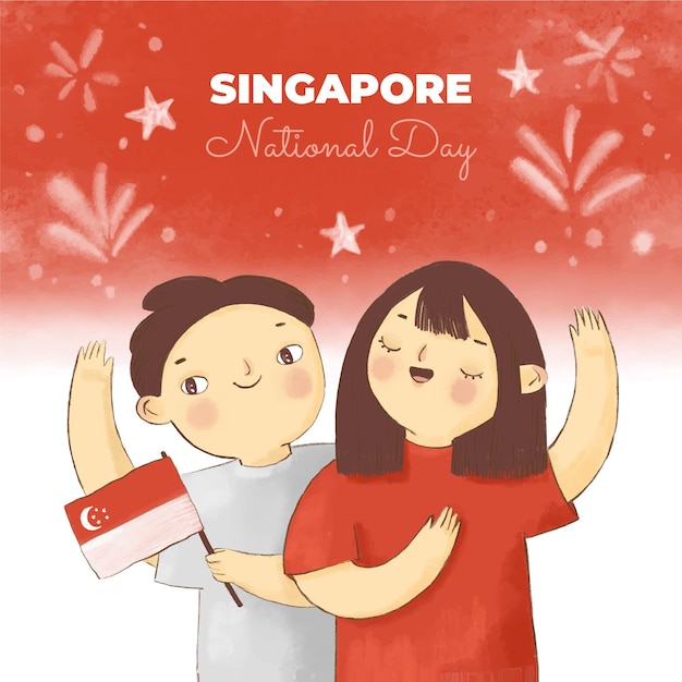Hand painted watercolor singapore national day illustration