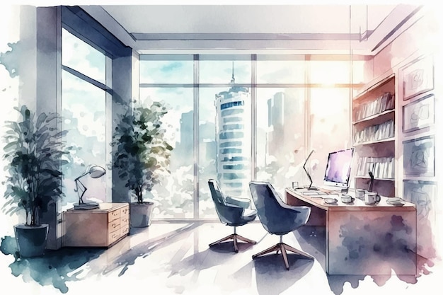 Hand painted watercolor sketch of office Vector illustration