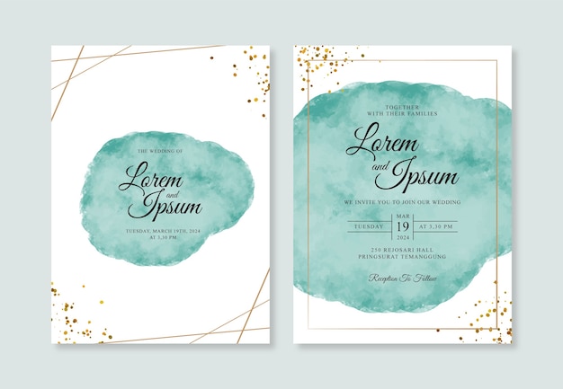 Hand painted watercolor splash and geometric gold for wedding invitation template