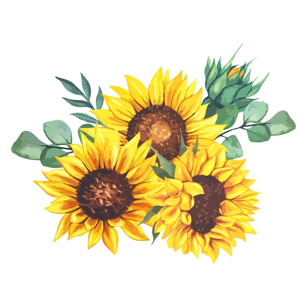 Hand Painted Watercolor Sunflowers bouquets with green leaves