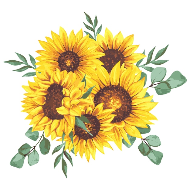 Hand Painted Watercolor Sunflowers bouquets with green leaves