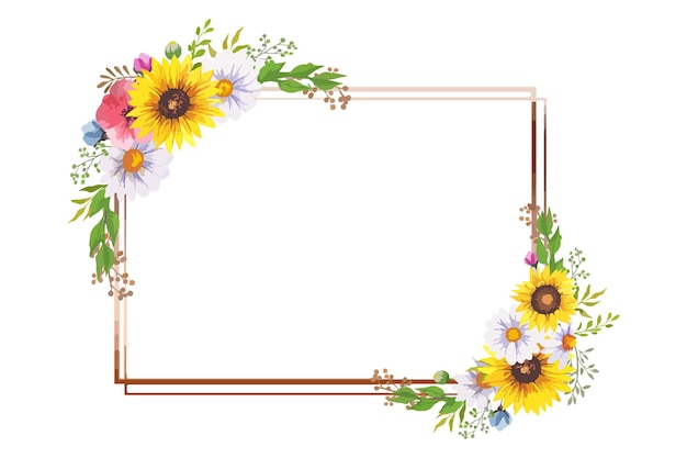 Раскрашенная вручную акварельная рамка с подсолнухами, геометрическая рамка с полевыми цветами