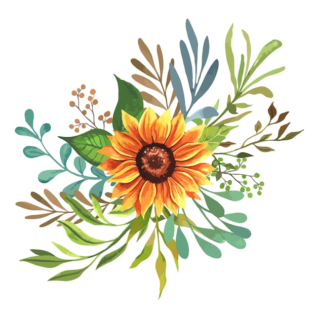 Hand painted watercolor sunflowers with leaves, floral botanical illustration