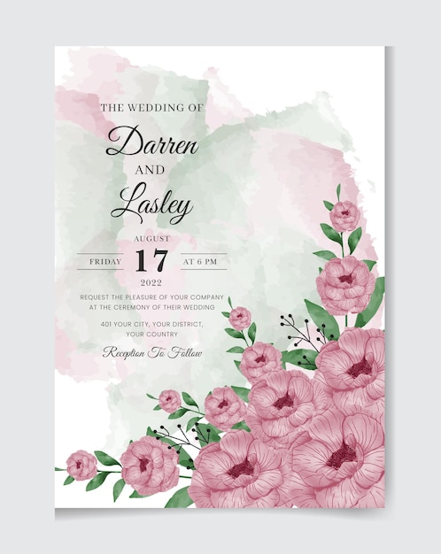 Hand painted watercolor wedding invitation card template with red roses