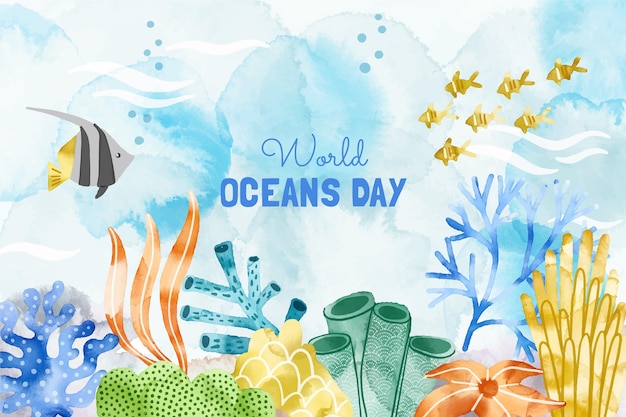 Vettore illustrazione di giornata mondiale degli oceani dell'acquerello dipinto a mano