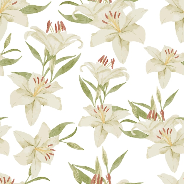 Vector hand painted white lily floral bouquet watercolor pattern