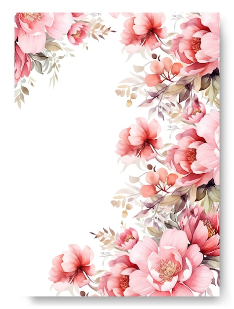 花の水彩画の背景を持つ結婚式の招待状の車のピンクの牡丹フレームに手描き