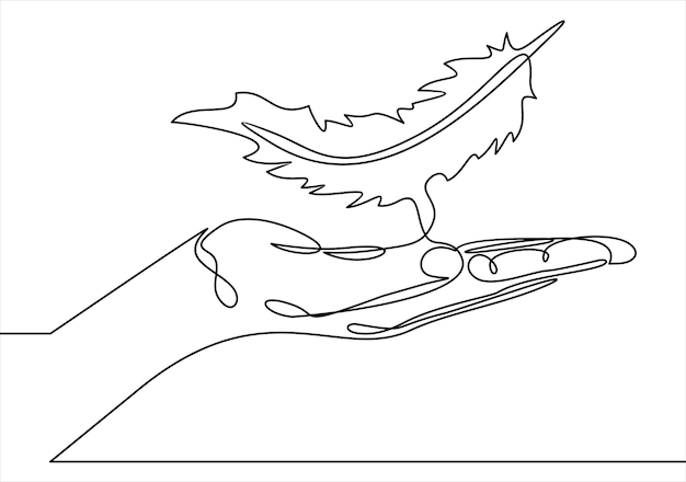 hand palm up and a falling featherVector continuous line