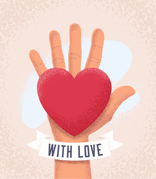 Hand palm with red heart and sign with love. Vintage gift holiday card design concept.  illustration.