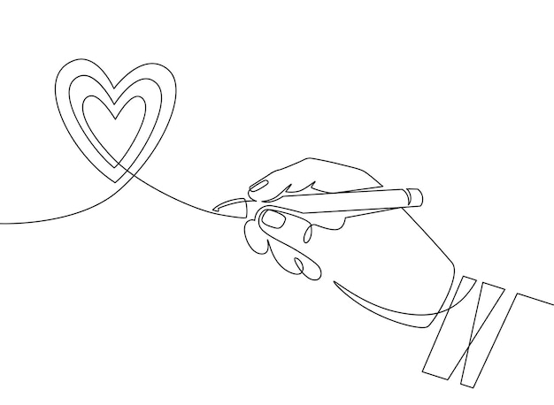 Penna a mano e cuore. segno continuo dello scarabocchio del cuore dell'illustrazione della mano di una linea. simbolo di amore di contorno minimo, concetto di vettore grafico di san valentino. modello romantico lineare con illustrazione della palma dell'uomo
