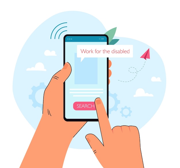 Mano della persona con disabilità che cerca lavoro tramite telefono. schermo dello smartphone con illustrazione vettoriale piatta dell'app per la ricerca di lavoro. disabilità, accessibilità, concetto di lavoro per banner, progettazione di siti web