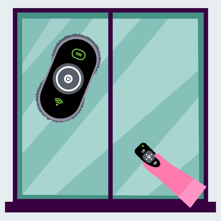Vector hand in pink glove holding the remote control from the window cleaner robot