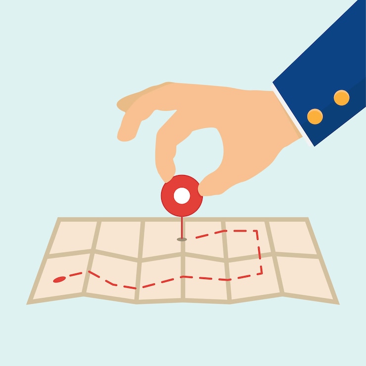 Vector hand placing a circle location pin marker on a paper map