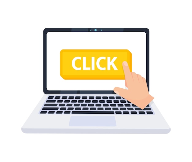 Hand pointer clicking on a click button on a laptop screen Vector illustration