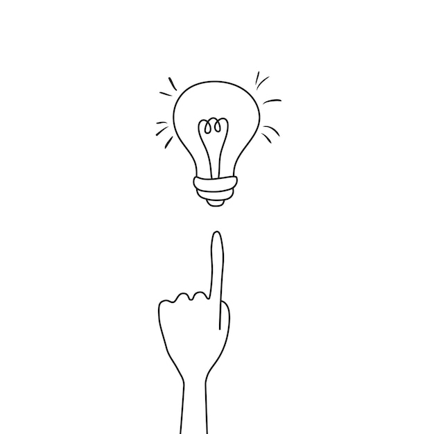hand  pointing on  a bulb lamp. idea and creativity icon vector illustration concept. vector doodle