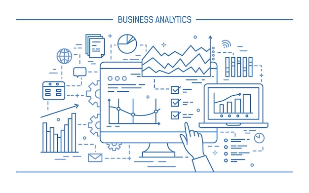 Mano che punta allo schermo del computer o display con vari diagrammi, grafici e grafici. concetto di analisi dei dati statistici e analisi aziendale. illustrazione vettoriale monocromatica in stile art line.