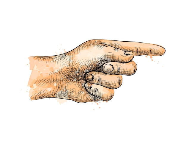 Hand pointing, pointing finger from a splash of watercolor, hand drawn sketch.  illustration of paints