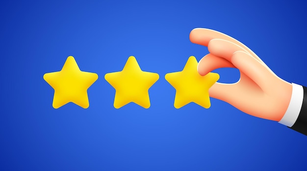 Hand pointing three gold star rating modern 3d style vector illustration