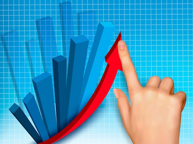 A hand points to a bar graph with a red arrow pointing to the right.