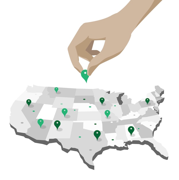 Hand positioning gps location pins on the map of the United States of America