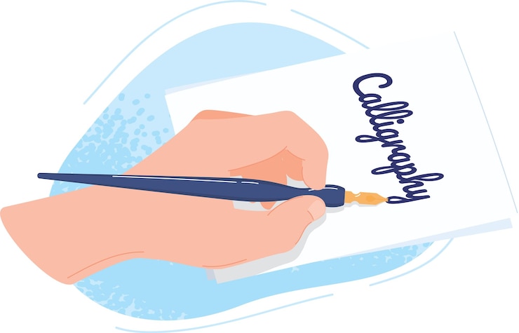 Vector hand practicing calligraphy ink pen writing word calligraphy paper detailed depiction process